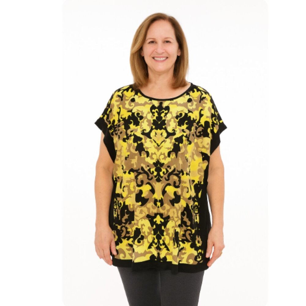New Dana Buchman Large Black Yellow Abstract Artsy Stretch Flowy Poncho Tunic